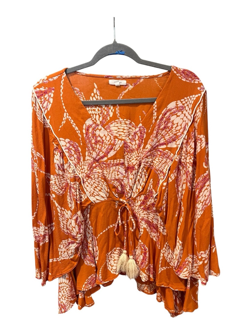 Maurices Rust Floral Tie-Front Blouse with Tassels